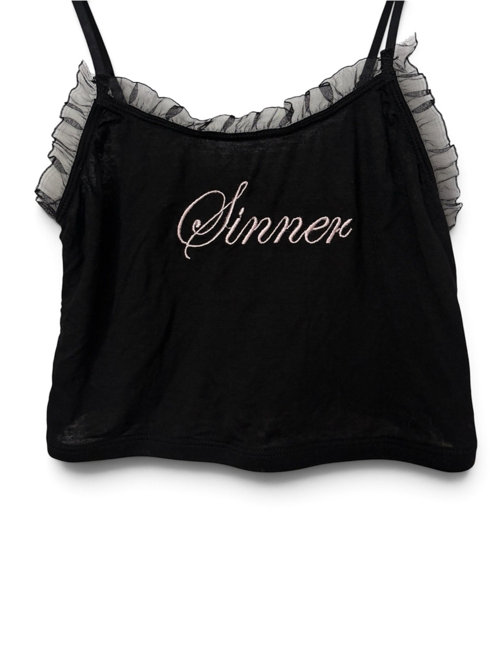 Dolls kill Sugar Thrillz Black Ruffle-Trim 'Sinner' Embroidered Cami